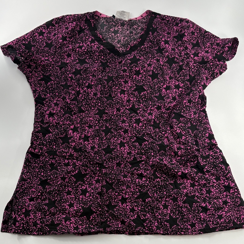 Heart Soul Women's Patterned Scrub Top 2 Pocket V-Neck Short Sleeve Small